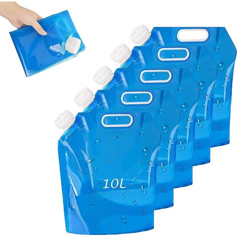 Lot de 5 bidons d'eau pliables de 10 l - Sac à eau portable - Avec couvercle étanche - Sans BPA - Qualité alimentaire pour le camping, la randonnée, les urgences et le stockage de l'eau à la maison (1/4)