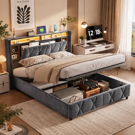 Lit coffre 140×200 cm, port USB, tête de lit avec rangement, lit capitonné, rangement hydraulique, éclairage LED, cadre de lit 140×200, style moderne, sommier à lattes, lit adulte, Velours, Gris (1/5)