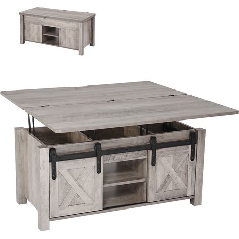 Table basse à plateau relevable rectangulaire, 1000 x 500 x 485 mm, table de salon avec porte de grange et compartiment de rangement dissimulé pour bureau, maison, couleur du chêne rustique (1/5)