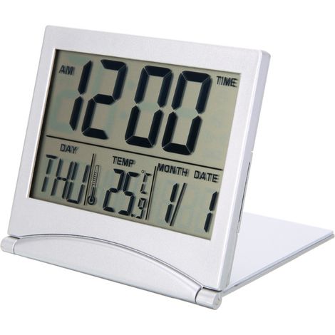 Reloj despertador digital plegable, pantalla LCD, 8 melodías, modo 12/24 h, detección de temperatura, de escritorio (1/5)