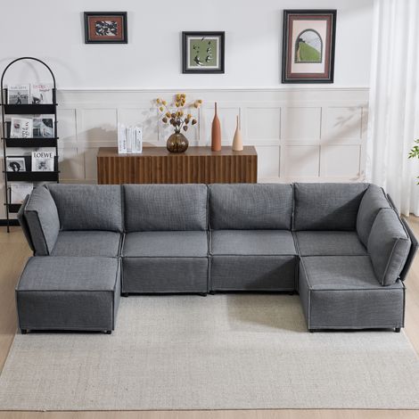 Ensemble de canapé modulaire en bois semi-compressé, styles variés et polyvalents, flexible et facile à monter, adapté à différents intérieurs, tissu en lin gris foncé (1/5)