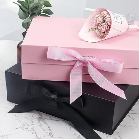 Coffret cadeau avec nœud, couvercle, ruban en papier, boîte magnétique pour mariage, anniversaire, Noël, anniversaire de mariage (noir, 23 x 17 x 7 cm) (1/3)