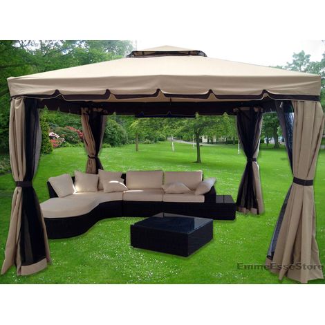 Gazebo 3x4 Giardino In Alluminio Copertura 250 Gr. Antipioggia Zanzariere E Teli Laterali - Colore Beige (1/5)