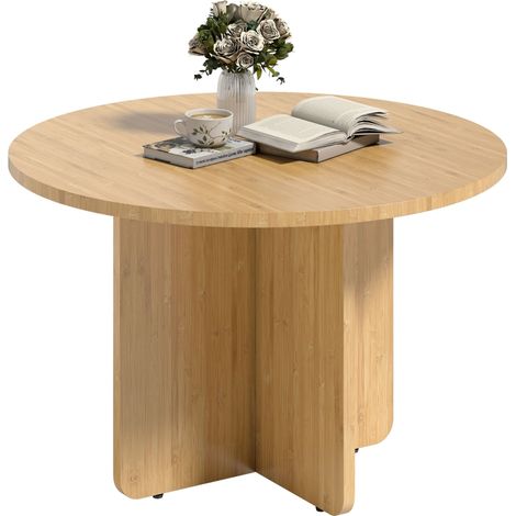 Table basse rond en bambou avec pied en croix, table de salon naturelle et élégante pour votre intérieur (1/5)