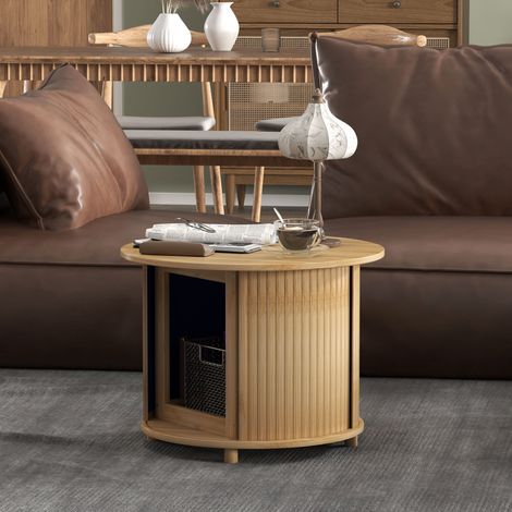 Couchtisch Ø60 x 45 cm Natur Holz Bambus mit verborgenem Stauraum und Schiebetür (1/5)