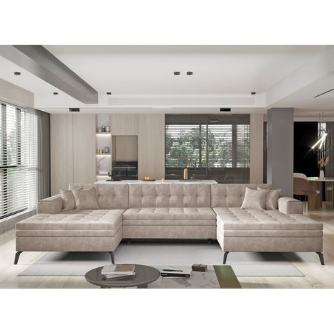Les Tendances – Canapé convertible panoramique 5 places en tissu beige clair vintage – Mécanisme dauphin – Surface de couchage 295 x 110 cm (1/5)
