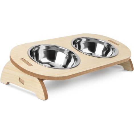 Gamelles surélevées pour chat, gamelles surélevées à 15° avec support incliné, 2 gamelles d'eau et de nourriture en acier inoxydable avec support en bois pour chats et chiots (1/5)