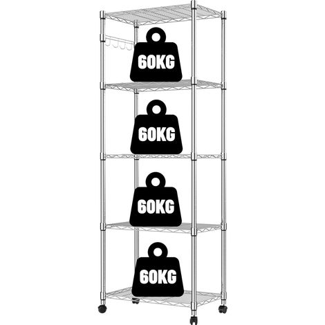 1 - Étagère en Fil d&39acier - Étagères Chromées - 5 Niveaux sur Roues - Support Robuste pour Cuisine Salon Garage - Argent - 59x35x183cm