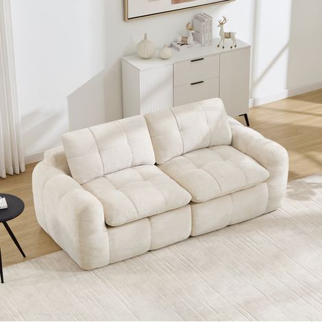 Sofá modular de 2 plazas, acolchado cuadrado, espuma 32D, chenilla beige DESVIAE (1/5)
