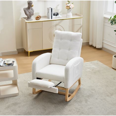 Schaukelstuhl mit USB-Ladeanschluss, Schaukelstuhl mit Bouclé, verstellbarer Fußstütze und Seitentaschen, geeignet für Kinderzimmer, Schlafzimmer, Wohnzimmer, weiß,66.5 x 121.5 x 102 cm (1/5)