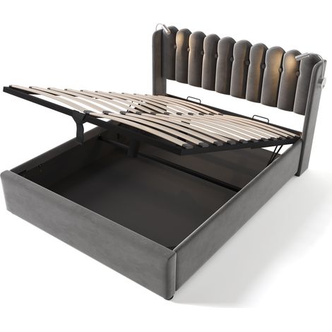 Doppelbett 140x200 aus grauem Samt mit Leselampe, USB und Stauraum (1/5)