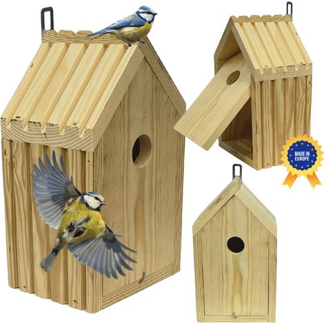 MODO24 Nichoir oiseaux (mésanges) bois lamelles, entrée 2,8 cm, livré monté, ouverture nettoyage, jardin, naturel brut (1/5)