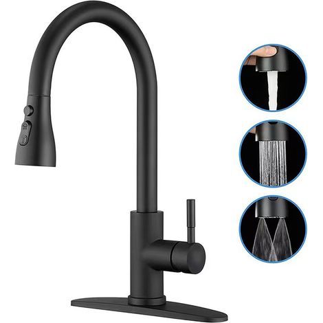 Rubinetto da cucina nero ad alto arco estraibile, con base e tubo flessibile integrati. Rubinetto per lavello da cucina estraibile e telescopico. (1/5)