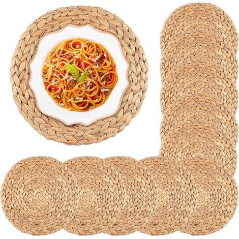 Lot de 10 sets de table tissés 30 cm, 30 cm, ronds, en vannerie en osier, faits à la main, en fibres naturelles, napperons pour salle à manger, cuisine (1/5)