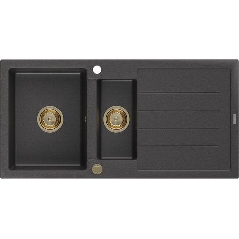 Mexen Andres fregadero de granito de 1,5 senos con escurridor 1000 x 500 mm negro moteado, sif贸n dorado - 6515101510-76-G (1/5)