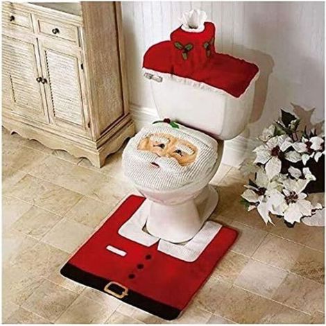Ensemble de 3 pièces couvercle de siège de toilette couvercle de réservoir d'eau tapis décor de salle de bain ensemble père noël (1/2)