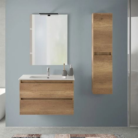 Mobile bagno sospeso 80 cm rovere naturale con pensile H 125 cm Nadia (1/5)