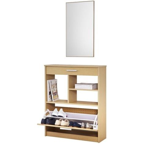TOPKIT | Meuble à chaussures TIBER 1ab | Meuble à chaussures avec miroir | Meuble à chaussures d'entrée avec 1 porte pliante | Chêne (1/5)