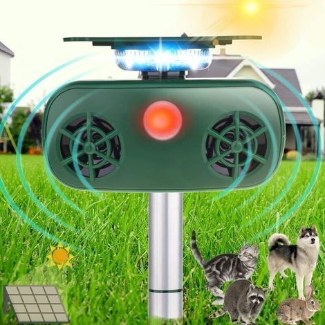 Répulsif solaire pour animaux,répulsif à ultrasons pour animaux nuisibles, étanche, avec flash activé par le mouvement, alarme lumineuse LED, chien, chat, écureuils, souris, lapin, re (1/4)