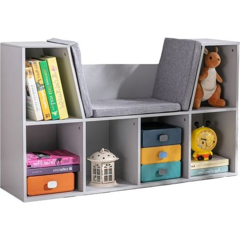 Meuble 2-en-1 étagère et banc avec coussin, dimensions 103 × 30 × 62 cm, blanc et gris (1/5)