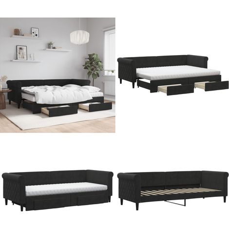 Lit de jour avec gigogne et tiroirs noir 80x200 cm velours - Canapé Convertible - Lit Gigogne - Meuble Multifonctionnel - Lit Invité - Rangements Intégrés - Home & Living