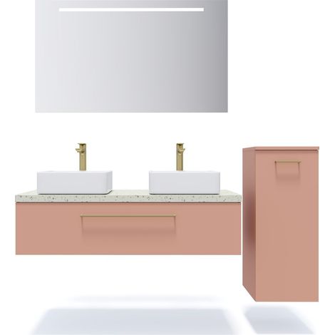Meuble de salle de bain suspendu 2 vasques à poser 120cm 1 tiroir Abricot + miroir + colonne ouverture droite - Glasgow (1/5)