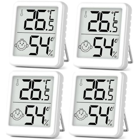 LABLANC - Medidor de humedad, termómetro para interiores, 4 piezas, mini termómetro LCD, higrómetro con indicador de carita sonriente para habitación de bebé, habitación de ancianos, estudio, bodega,  (1/5)
