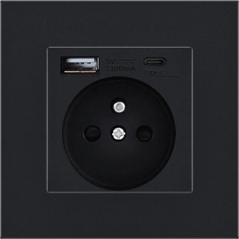 Regleta de pared de 2,1 A con puerto USB y 1 toma Tipo-C, toma de corriente de 16 A para smartphones y tabletas (negra). (1/5)