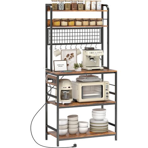 Scaffale da Cucina con Stazione di Ricarica, 5 Ripiani e 10 Ganci a S, in Legno e Acciaio, 80x40x170 cm, Marrone