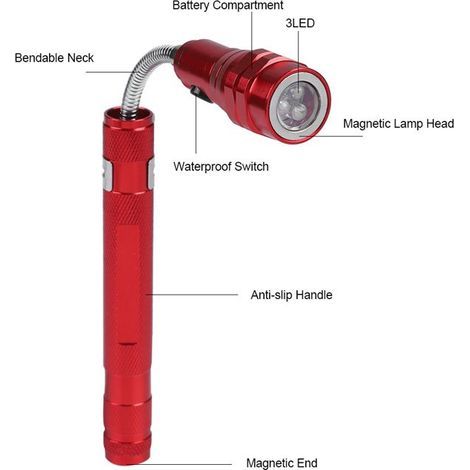 Mini lampe torche LED flexible – Tube extensible aimanté – Rouge – pour réparation et camping (1/5)
