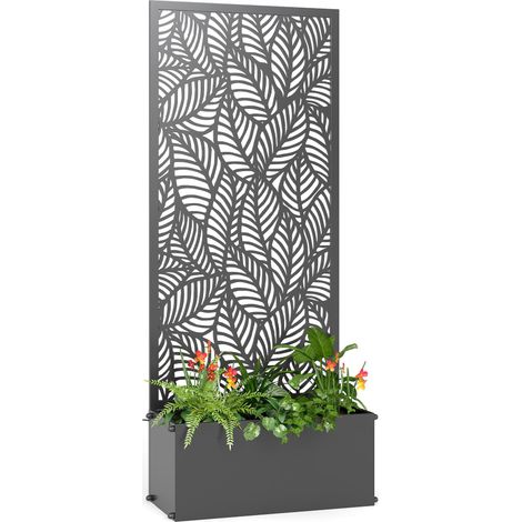 Jardinière/plateau rainuré avec support intégré et écran d'intimité, convient aux plantes grimpantes, en métal, dimensions : 45 x 21,5 x 110 cm, noir. (1/5)