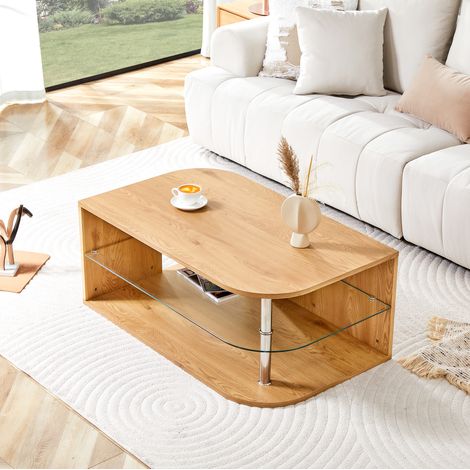 Table basse 100x60x42 cm avec double rangement, style scandinave, MDF effet bois naturel et verre (1/5)