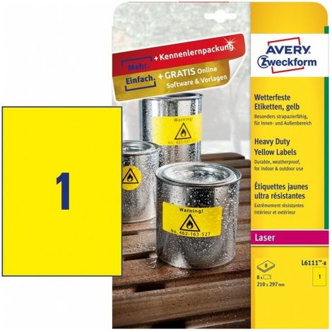 PAQUETE 8 HOJAS ETIQUETAS AMARILLAS DE POLIÉSTER-IMPRESORAS LÁSER-210 X 297 MM AVERY L6111-8 (1/4)