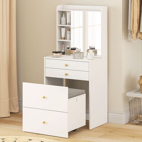 Coiffeuse compacte avec miroir et tabouret rembourré, meuble de maquillage blanc avec armoire, tiroirs et étagères ouvertes (1/5)