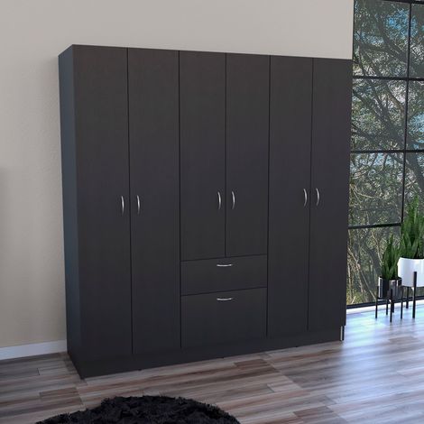 Armadio Mitu a 6 ante con cassetto e ripiano, altezza 170,7 cm, larghezza 162 cm, profondità 47 cm, colore nero e bianco