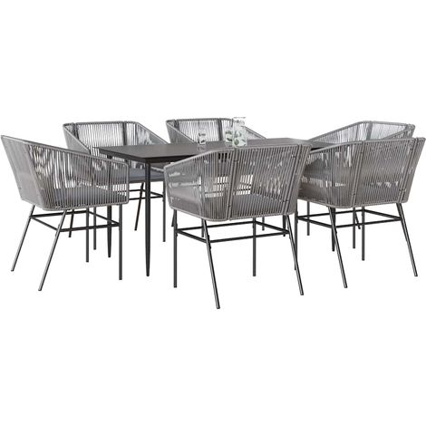 Ensemble à manger jardin coussins 7 pcs-Salon de jardin gris poly rotin verre 111915 (1/5)