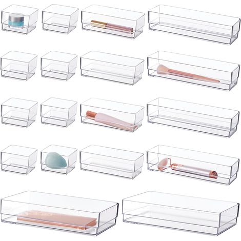 Lot de 18 organiseurs de tiroirs empilables transparents Plateaux de tailles multiples Bacs de rangement pour maquillage et séparateurs de tiroir de bureau Fabriqué aux (1/5)