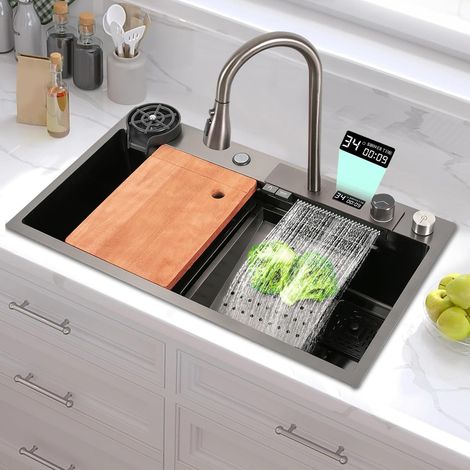 Multifunktionale digitale Edelstahl-Smart-Wasserfall-Küchenspüler mit Schneidplatte, Single-Schale-Workstation-Spüler, für den Haushalt geeignet, 32" x 18" (1/5)