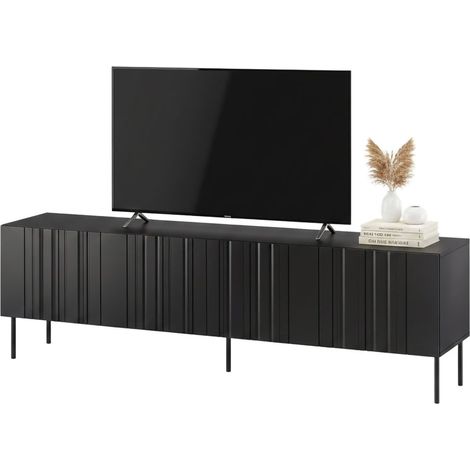 Mueble de TV Sospiro, aparador de salón con cuatro puertas batientes y cuatro compartimentos interiores, elevado del suelo, 201x42 h60 cm, negro