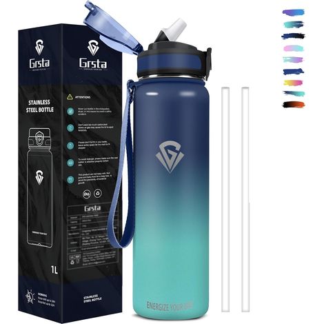 Gourde Isotherme 1l Sans BPA - Paille Anti Fuite, Double Paroi Isolante, , Facile à Nettoyer - Bouteille d'Eau pour Camping, Randonnée, Running, Vélo, Yoga, Foot (1/5)