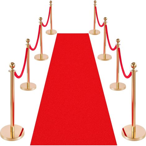 Poteau de Guidage 8PCs, Potelet Guide-file avec 6 Cordes en Velours et Tapis Rouge, pour Contrôle de Foules Théâtre Fête Mariage Exposition, Poteau de Balisage en Inox Doré avec Base Creuse (1/5)