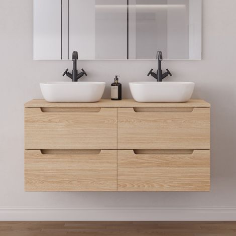 Meuble de salle de bain 140cm avec plateau et 2 vasques à poser arrondies - 4 tiroirs - sans miroir - roble era (chêne clair) - SONRIZA (1/5)