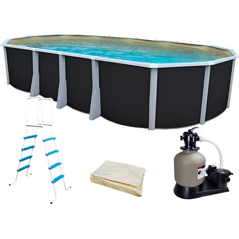 Kit piscine hors-sol acier Toi ANTHRACITE IBIZA ovale 730X366X132cm liner beige (1/5)