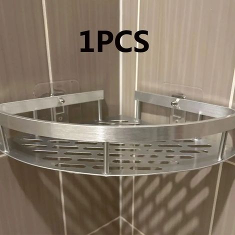(Argent, 1 pièce) Étagère de salle de bain en alliage d'aluminium, porte-shampoing, organisateur de maquillage, étagère de douche, accessoires de salle de bain, étagère d'angle murale sans perçage (1/5)