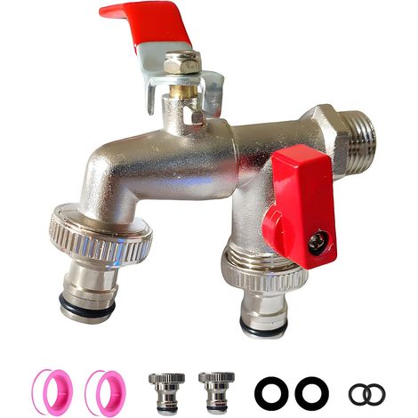 Robinet Double Sortie - Entrée 1/2 Et Sorties Doubles 3/4", Résistance aux Hautes Températures/Antigel/Antirouille/Laiton Double de Qualité Supérieure, pour Jardin, Machine à Laver, Baril de Pluie Att (1/5)