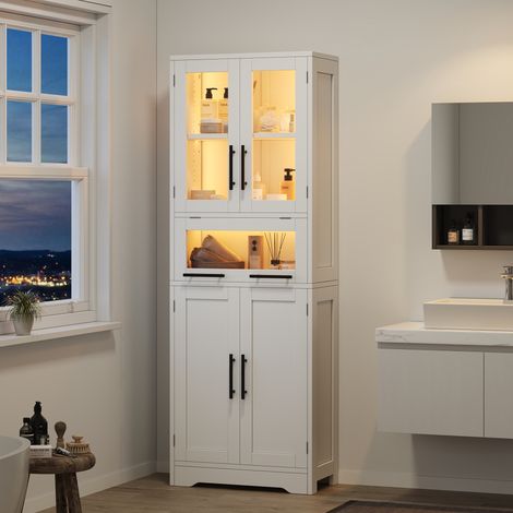 Grand meuble colonne de salle de bains 60×30×170 cm, meuble de rangement sur pied, bande lumineuse LED à commande via application, portes en verre, étagères réglables, style nordique minimaliste, blan