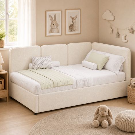 Cama de día 90x200 cm bouclé beige, arcón hidráulico, somier de láminas incluido, laterales reversibles (1/5)