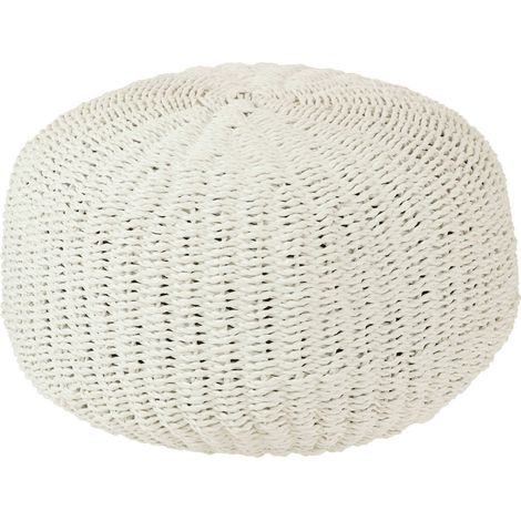 Pouf rond tressé blanc assise d'appoint moderne et confortable - Blanc tressé contemporain (1/4)