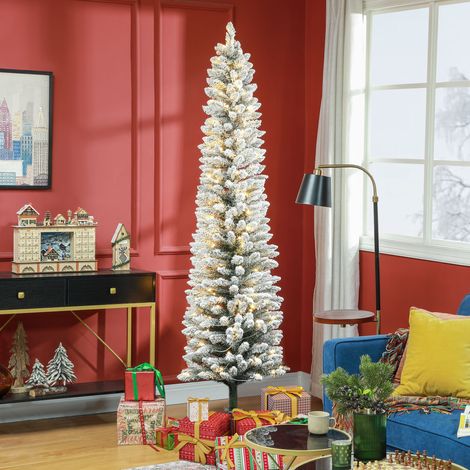 Künstlicher, schneebedeckter Weihnachtsbaum, 210 cm hoch, mit 180 LED-Lichtern, 405 Zweigen und Metallbeinen für das Wohnzimmer, grün und weiß (1/5)