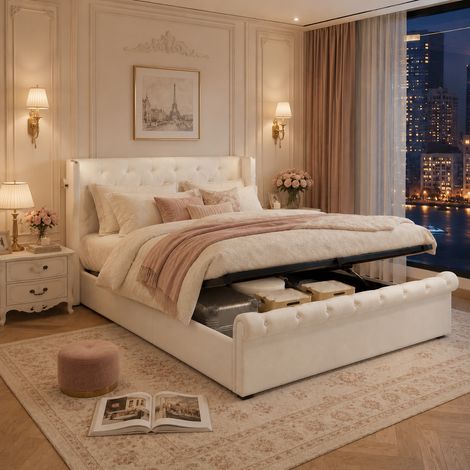 Lit adulte en lin gris 140x190 cm avec tiroirs de rangement et éclairage LED intégré (1/5)